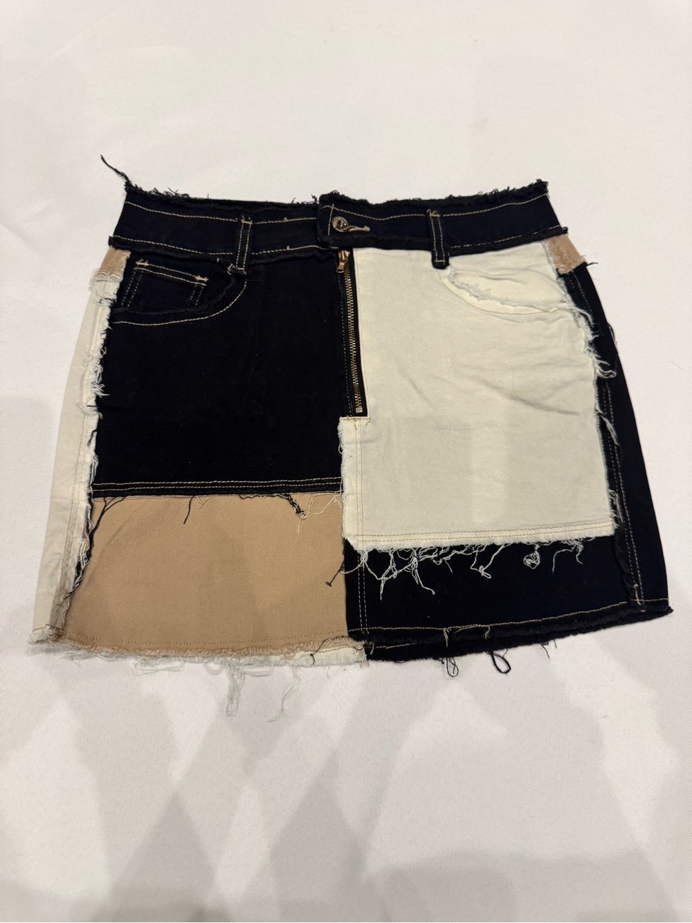 0007 - Colorblock Distressed Denim Mini Skirt - Neutral Patchwork